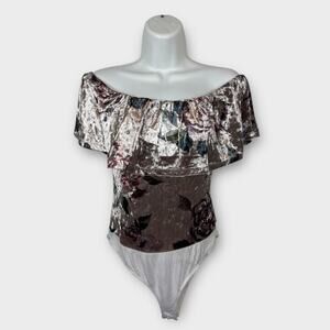 Charlotte Russe Velvet Off the Shoulder Body Suit Purple Rose Florals Medium